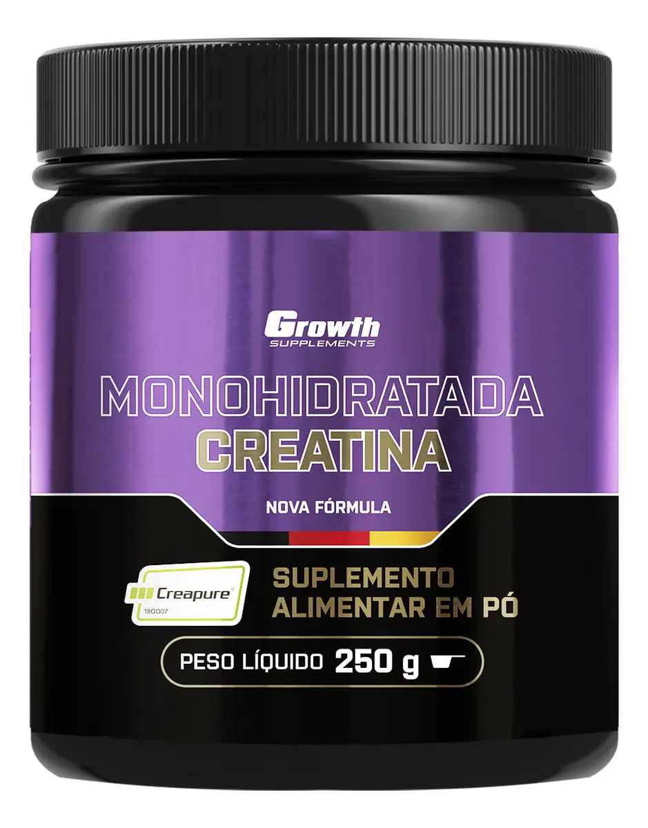 Pote preto e roxo da Creatina Creapure Growth Supplements de 250 g.