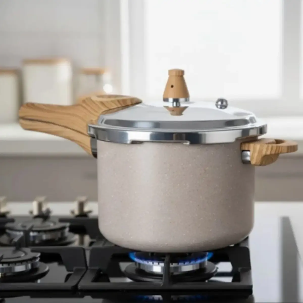 Panela Brinox Ceramic Life Pressure areia com tampa sobre fogão