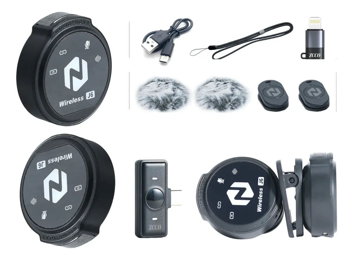 Kit de microfones de lapela ZCCO J6 pretos com receptor e acessórios