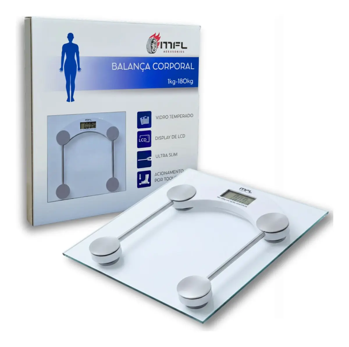 Balança digital MFL de vidro com visor LCD e embalagem