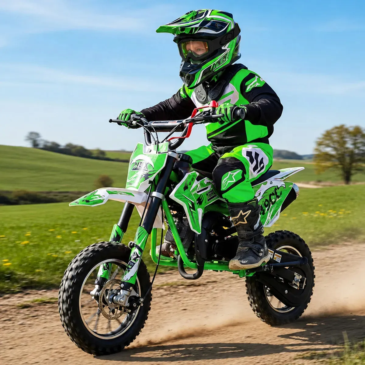 Mini moto cross MBX DB715 verde com rodas de uso off-road