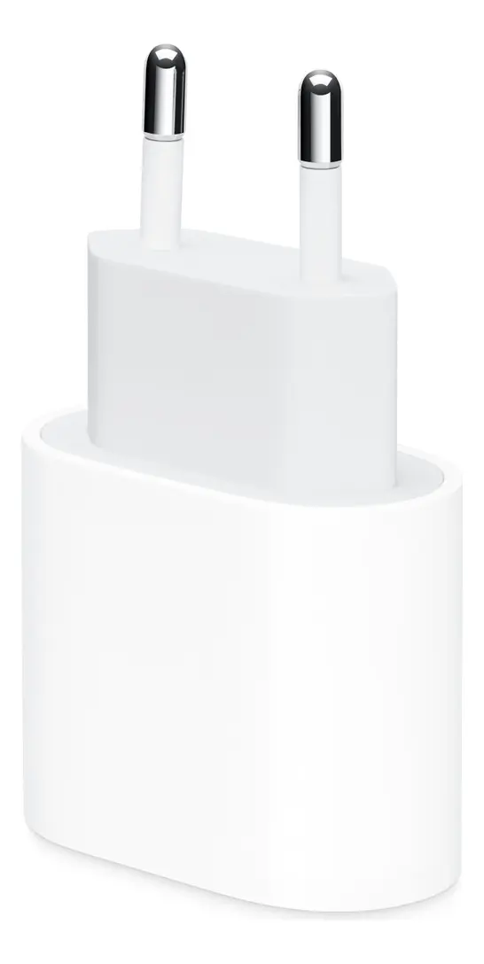 Adaptador Apple USB-C de 20 W branco, com plugue de dois pinos redondos, identificado como A2465 na oferta