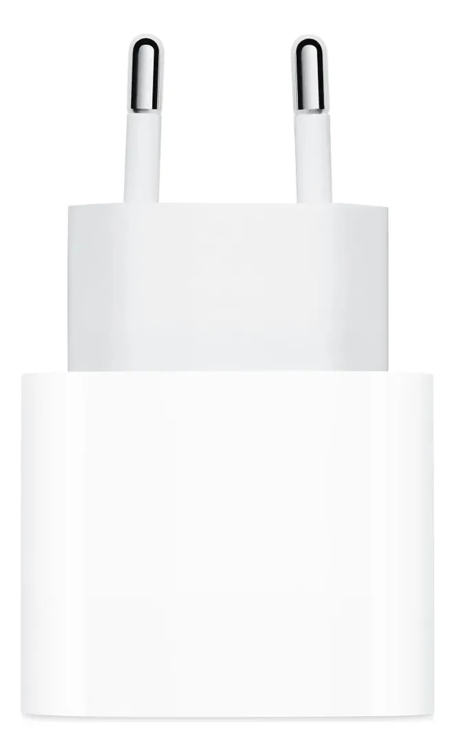 Adaptador Apple USB-C de 20 W branco, com plugue de dois pinos redondos, identificado como A2465 na oferta — outra vista do produto