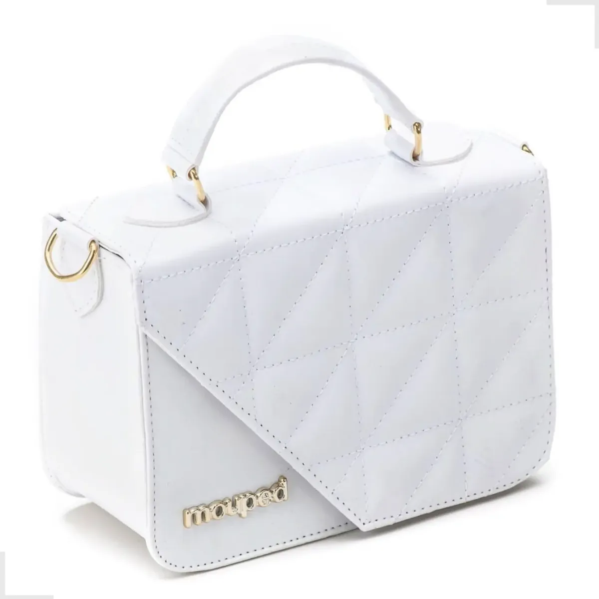 Bolsa Mouped branca com acabamento bordado, alça de mão e alça transversal — outra vista do produto