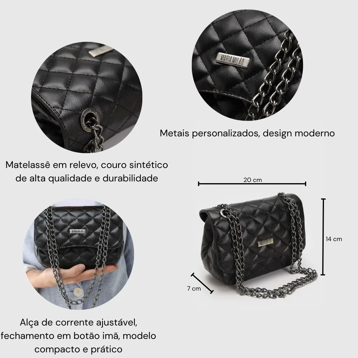 Bolsa transversal Maria Milão preta, com matelassê e alça de corrente — imagem complementar