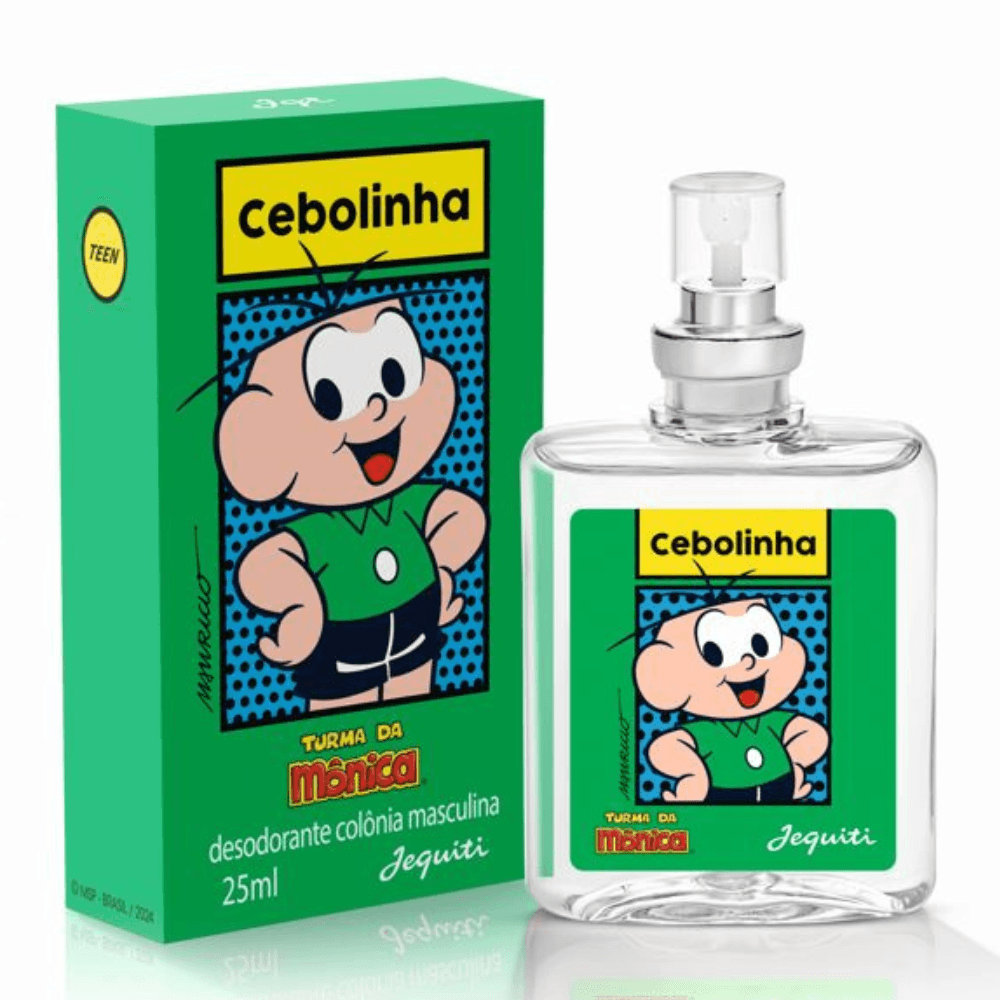 Frasco de colônia Cebolinha Jequiti de 25 ml ao lado da caixa verde da Turma da Mônica