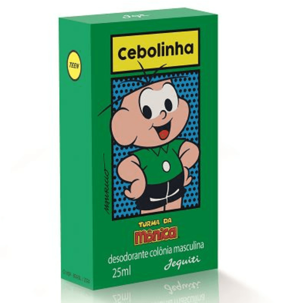 Frasco de colônia Cebolinha Jequiti de 25 ml ao lado da caixa verde da Turma da Mônica — outra vista do produto