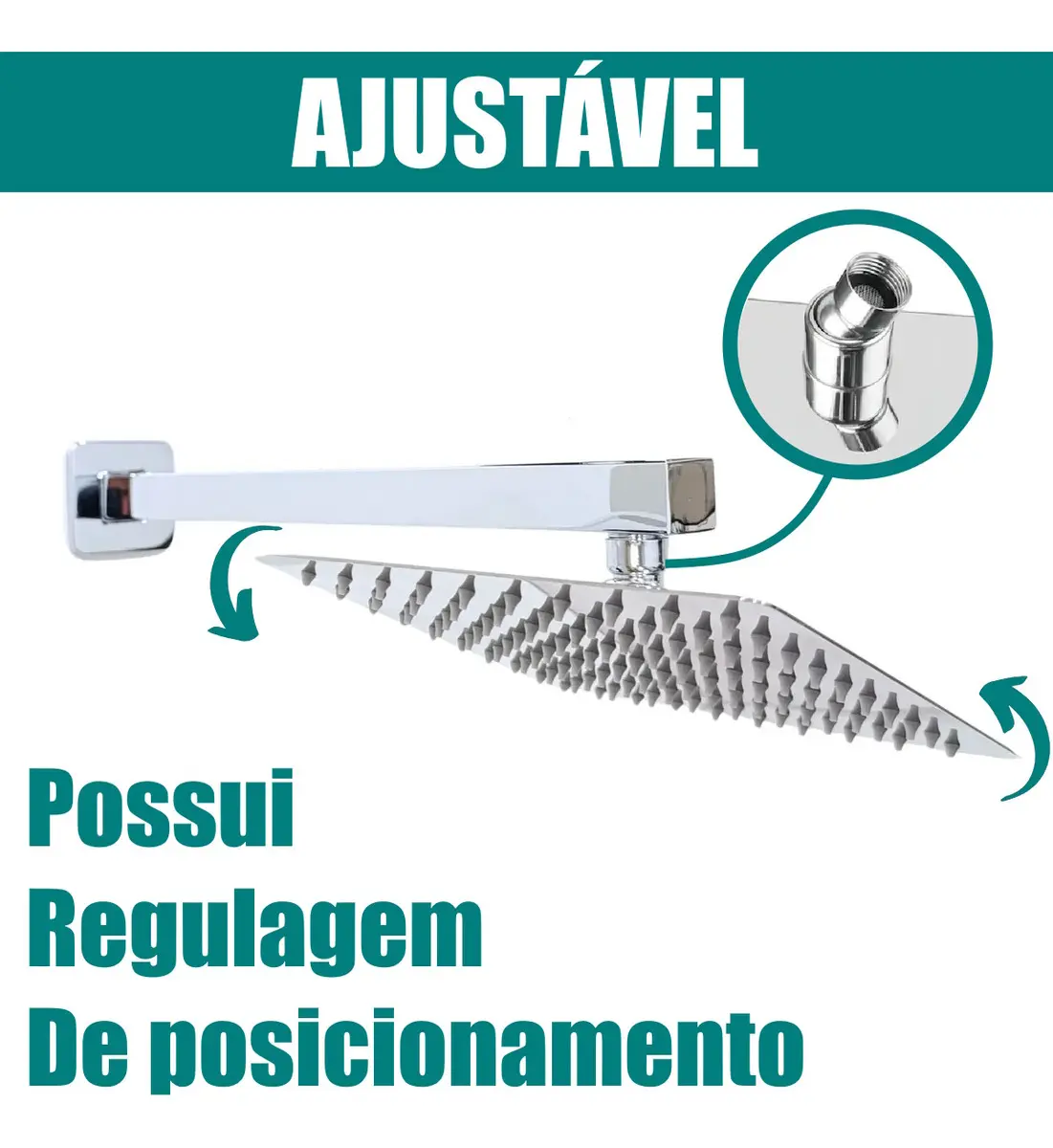 Ducha quadrada Dex em inox polido com espalhador e braço de parede — outra vista do produto