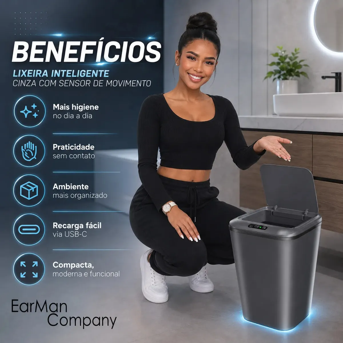 Lixeira automática Earman Company cinza com tampa aberta e sensor — outra vista do produto
