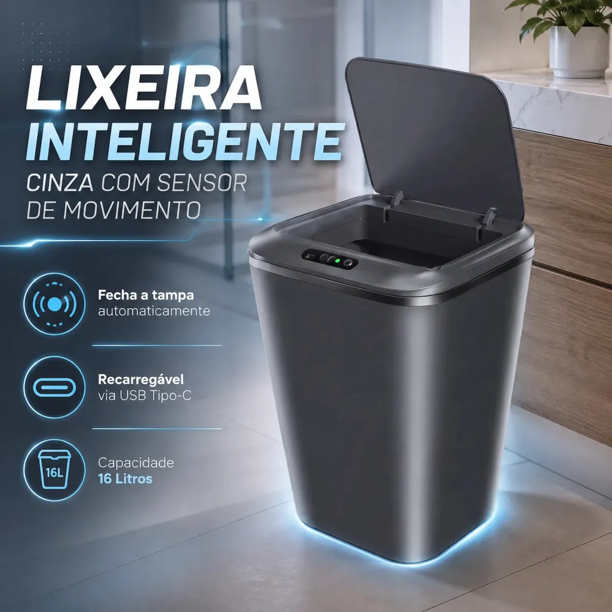 Lixeira automática Earman Company cinza com tampa aberta e sensor