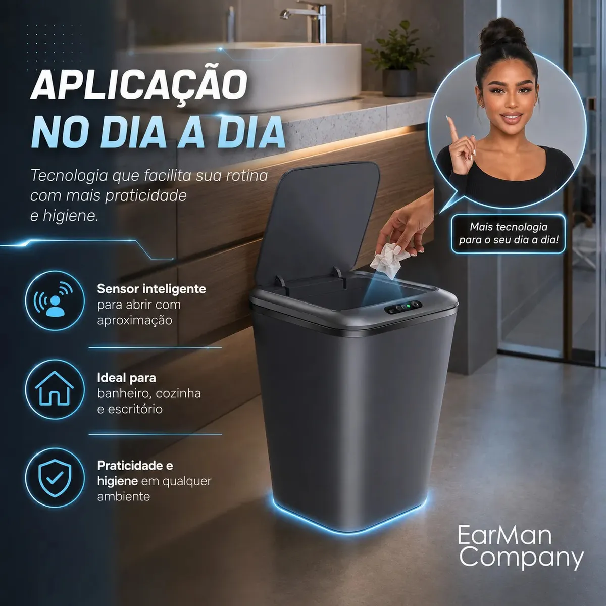 Lixeira automática Earman Company cinza com tampa aberta e sensor — imagem complementar