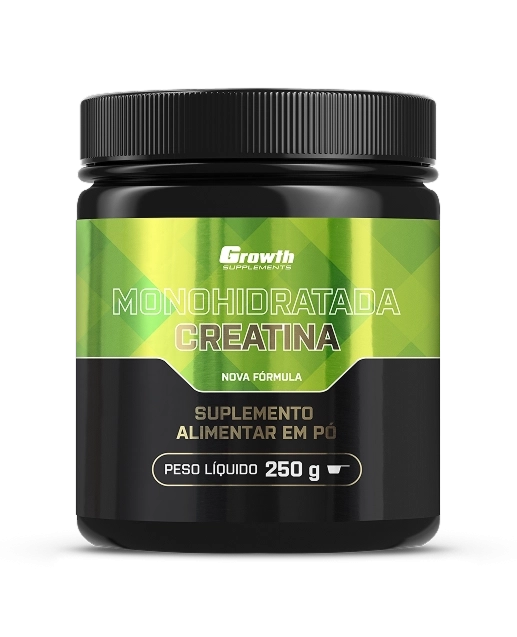 Creatina monohidratada Growth Supplements, pote de 250 g com rótulo verde e preto.