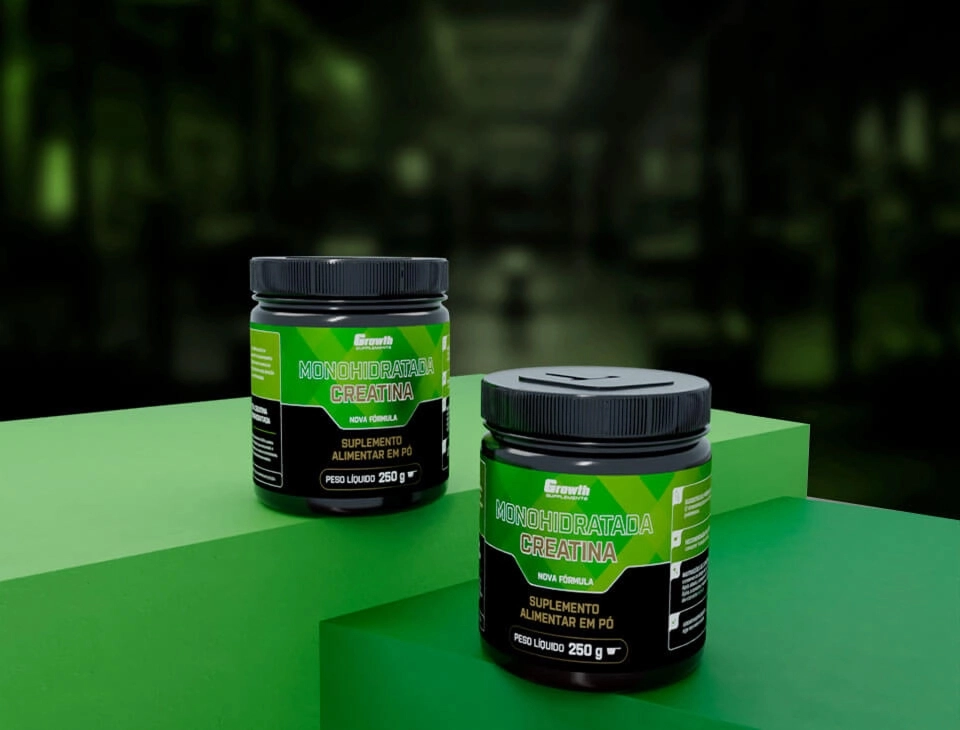 Creatina monohidratada Growth Supplements, pote de 250 g com rótulo verde e preto. — outra vista do produto
