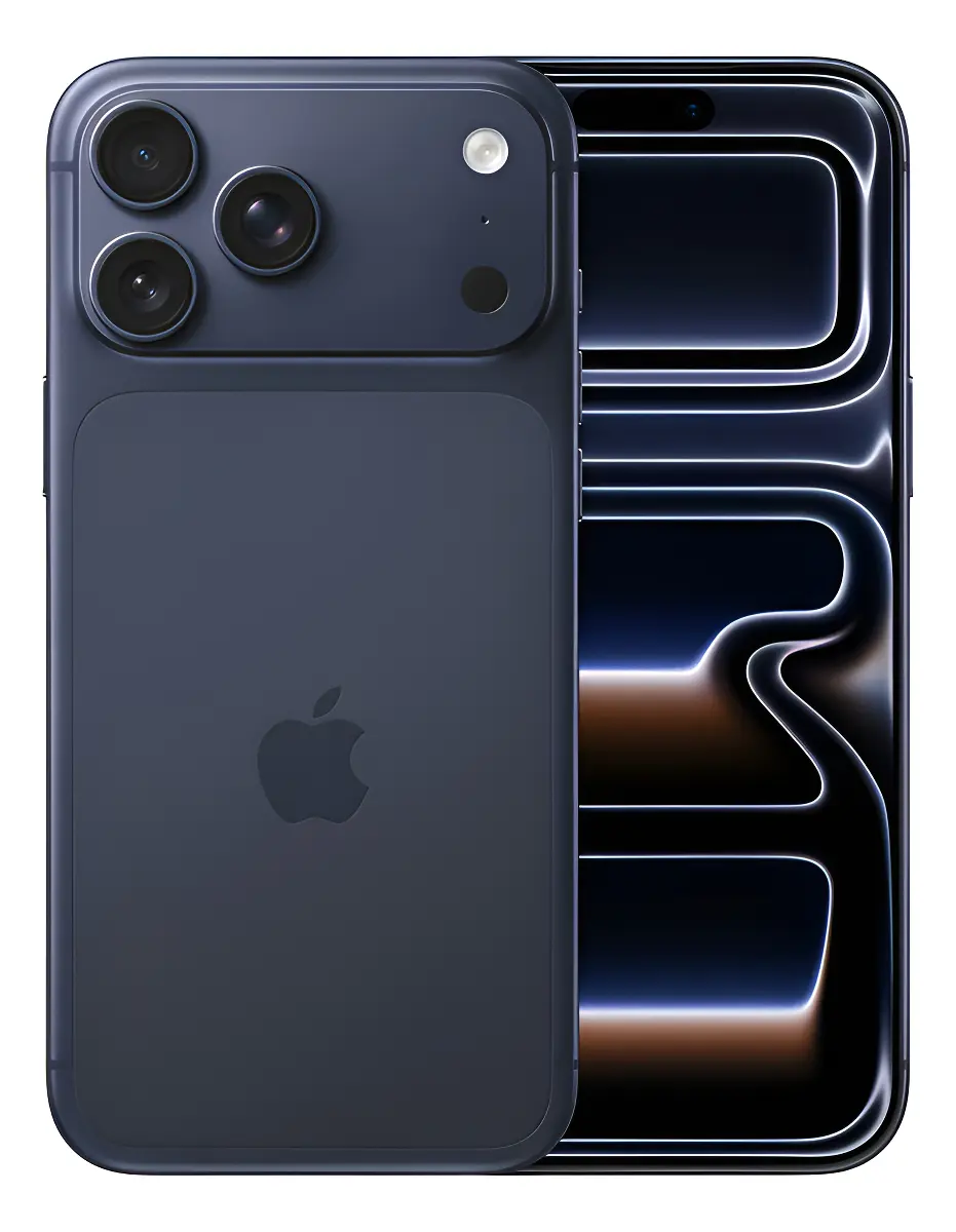 iPhone 17 Pro Max azul, visto de frente e de trás, com três câmeras traseiras