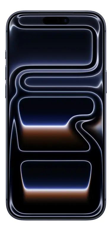 iPhone 17 Pro Max azul, visto de frente e de trás, com três câmeras traseiras — outra vista do produto