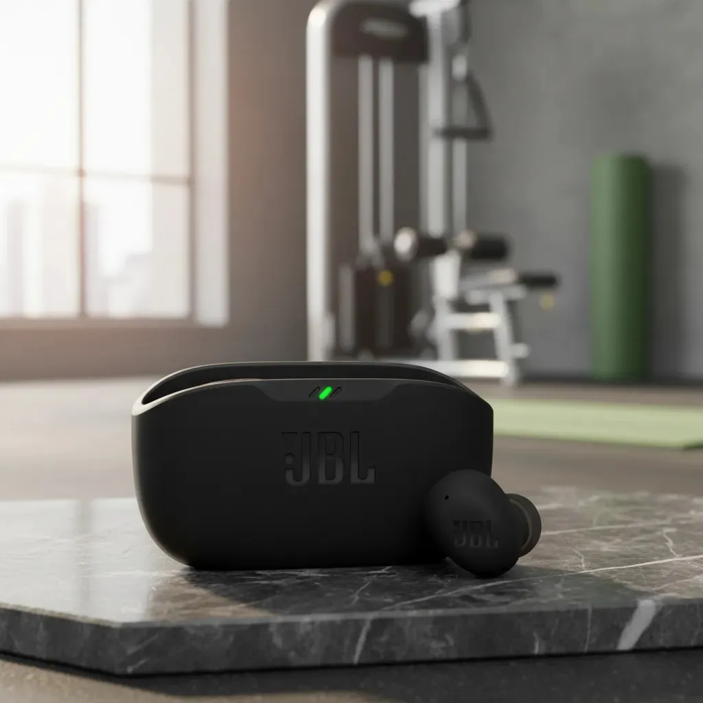JBL Wave Buds 2 preto com fones e estojo de carregamento — outra vista do produto
