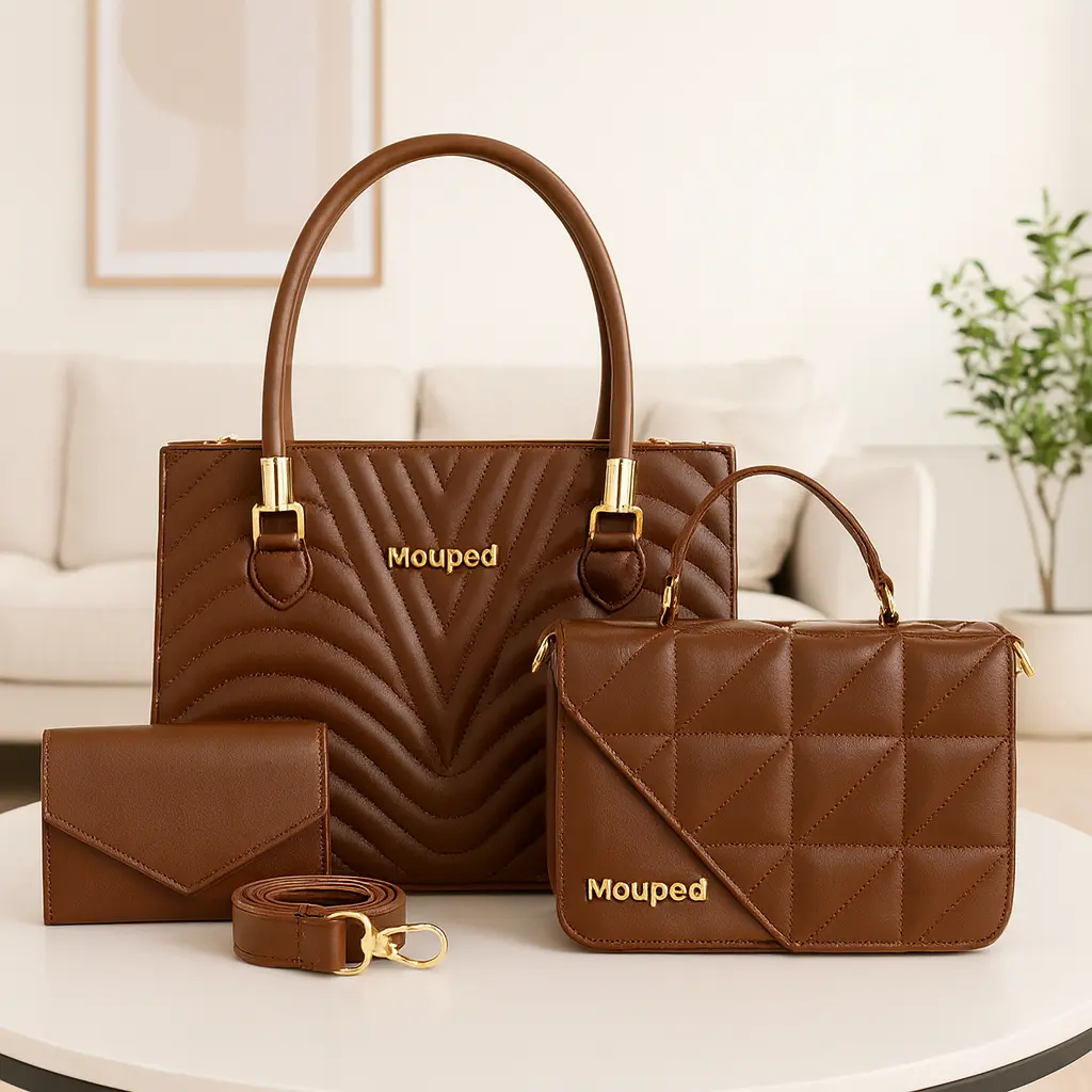 Kit Mouped com bolsa média, bolsa pequena e carteira em tom marrom