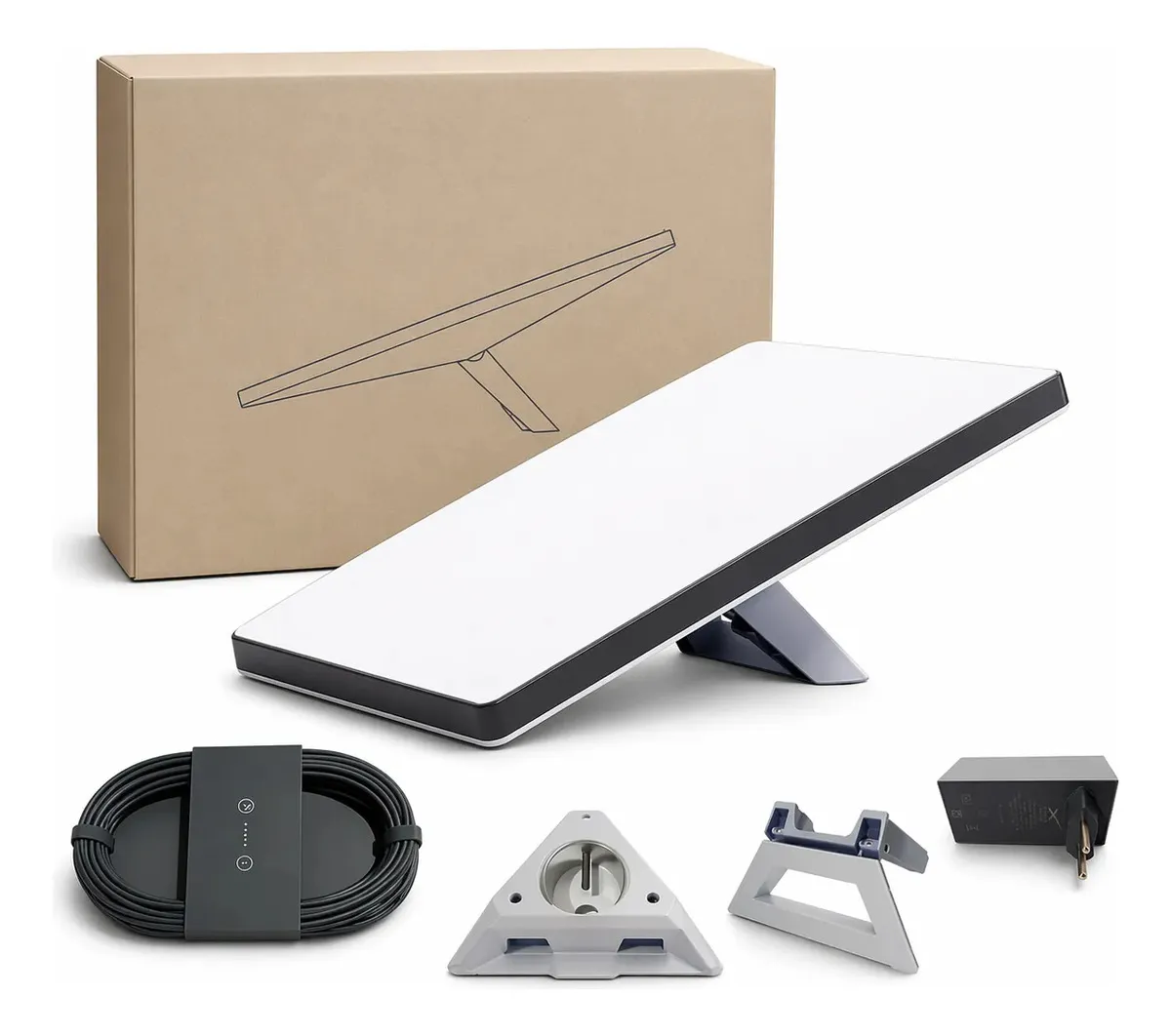 Antena Starlink Mini branca apoiada no suporte inclinado — outra vista do produto