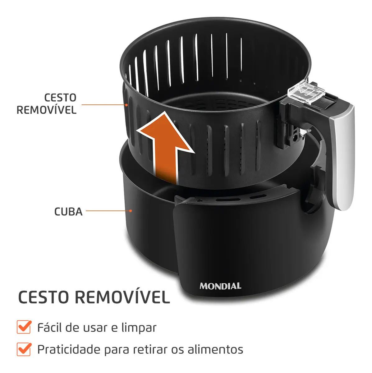 Air fryer Mondial AF-31 preta de 3,5 litros com cesto aberto — outra vista do produto