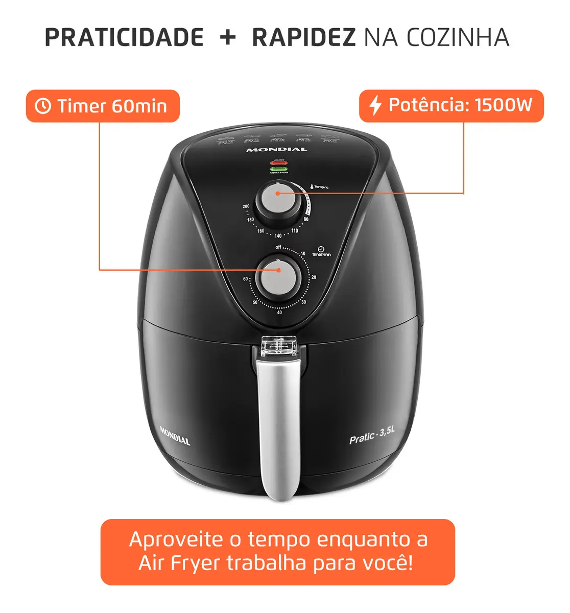 Air fryer Mondial AF-31 preta de 3,5 litros com cesto aberto — imagem complementar