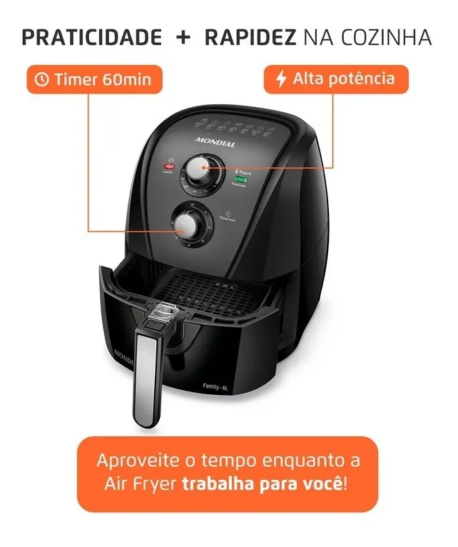 Air fryer Mondial AFN-40-BFT preta de 4 litros com gaveta aberta — outra vista do produto