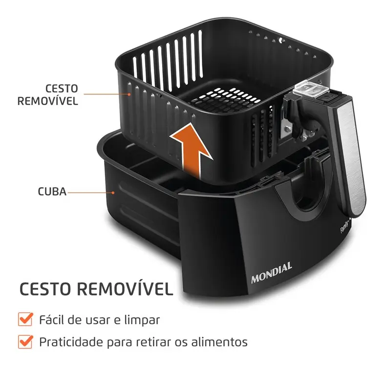 Air fryer Mondial AFN-40-BFT preta de 4 litros com gaveta aberta — imagem complementar