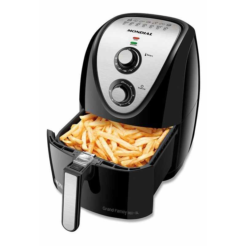 Air fryer Mondial AFN-50-BI preta e inox com cesto de 5 litros aberto
