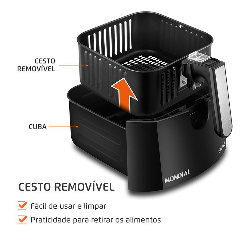 Air fryer Mondial AFN-50-BI preta e inox com cesto de 5 litros aberto — outra vista do produto
