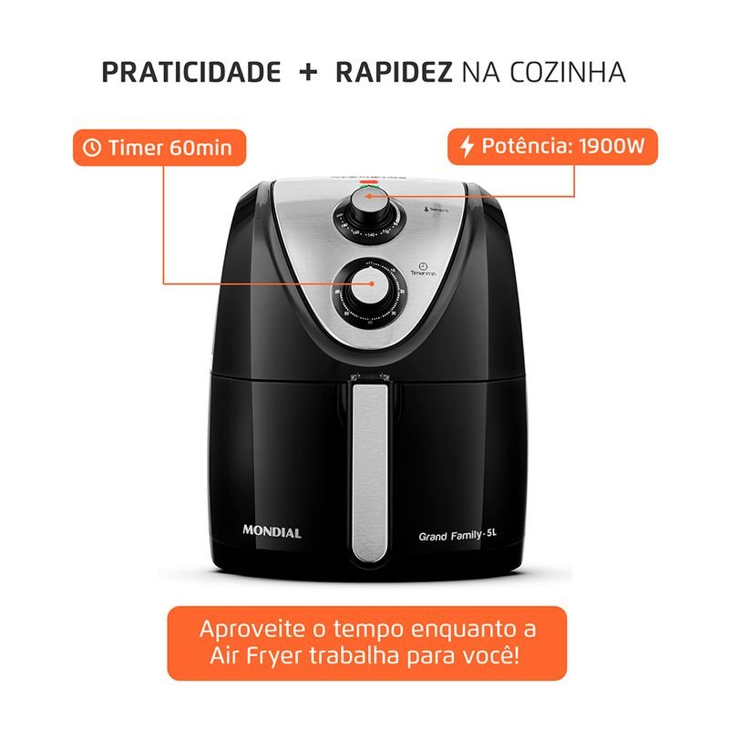 Air fryer Mondial AFN-50-BI preta e inox com cesto de 5 litros aberto — imagem complementar