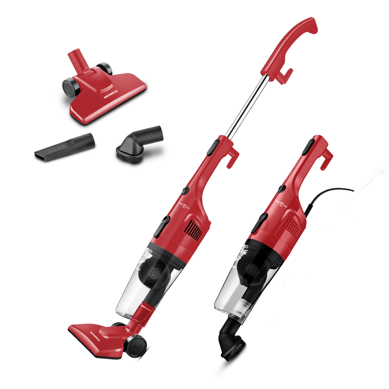 Aspirador Mondial AP-36 vermelho e preto nos modos vertical e portátil, com bocais