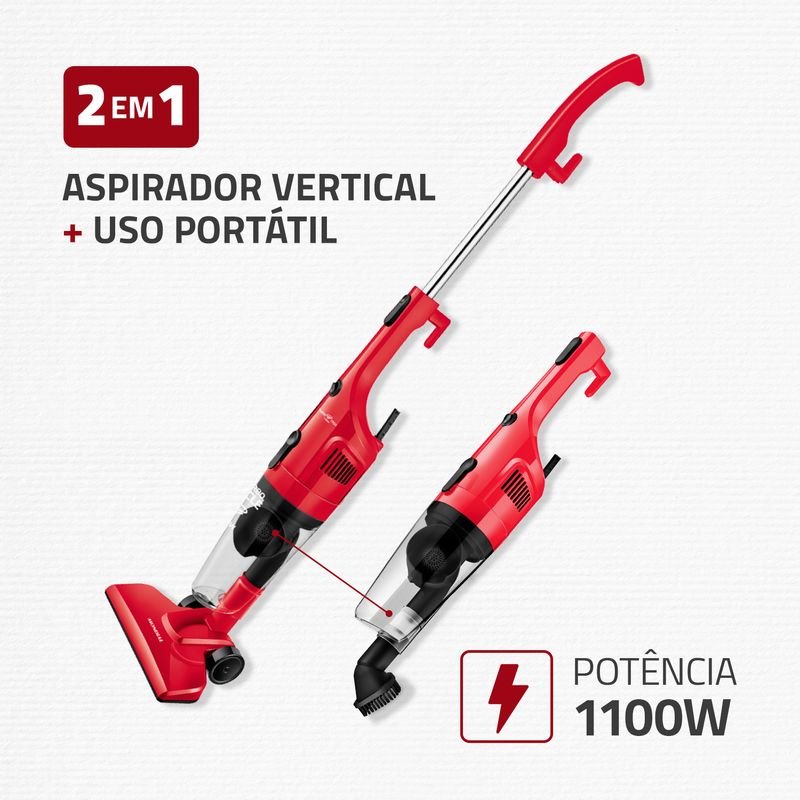 Aspirador Mondial AP-36 vermelho e preto nos modos vertical e portátil, com bocais — outra vista do produto