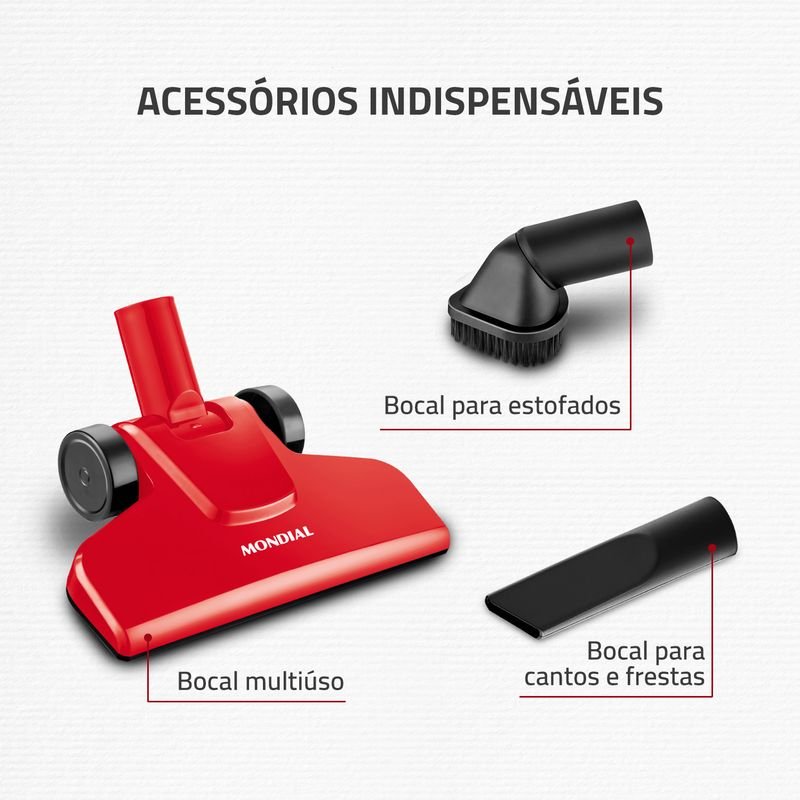 Aspirador Mondial AP-36 vermelho e preto nos modos vertical e portátil, com bocais — imagem complementar