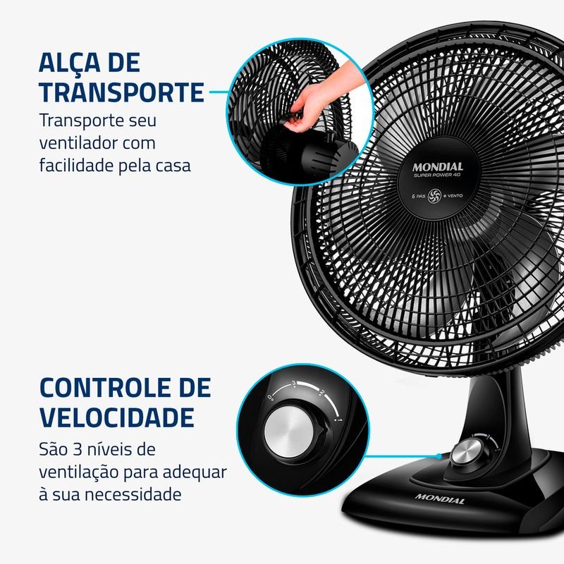 Ventilador de mesa Mondial VSP-40-B preto com seis pás e seletor prateado — imagem complementar