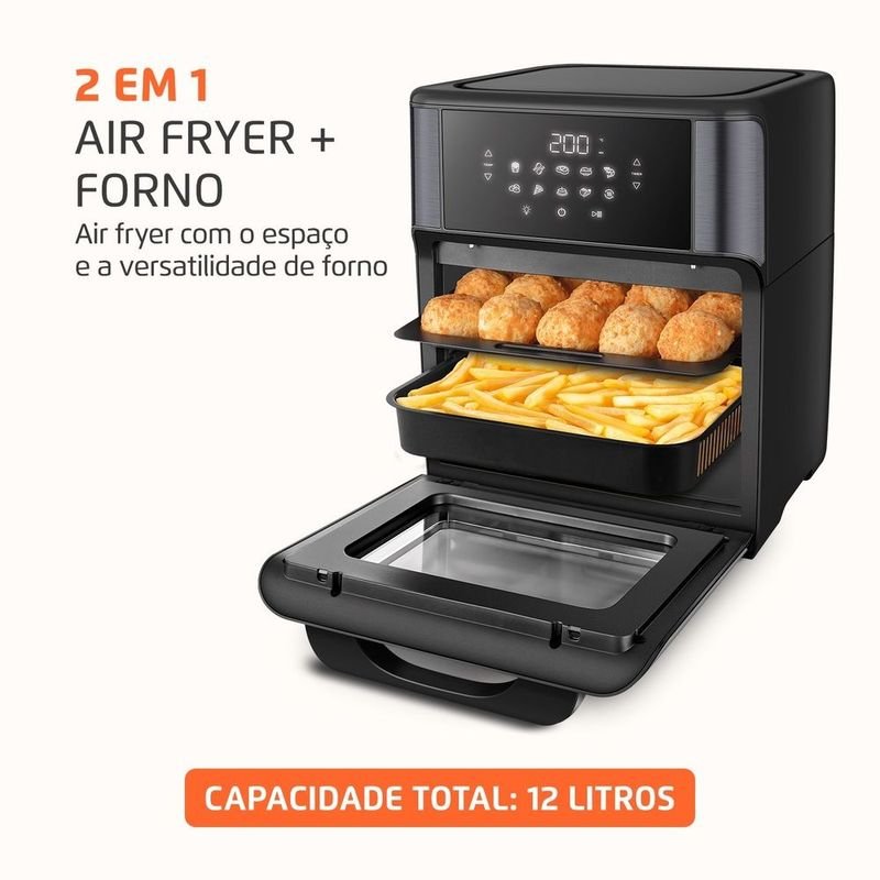 Air fryer forno Mondial AFON-12L-BG preta com painel digital e visor frontal — outra vista do produto