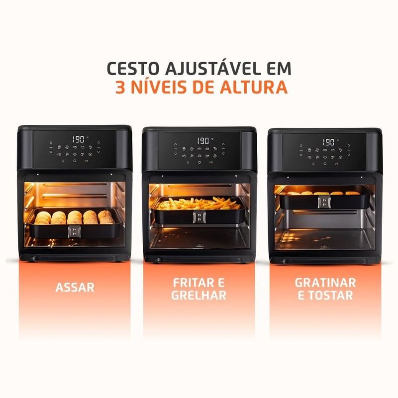 Air fryer forno Mondial AFON-12L-BG preta com painel digital e visor frontal — imagem complementar