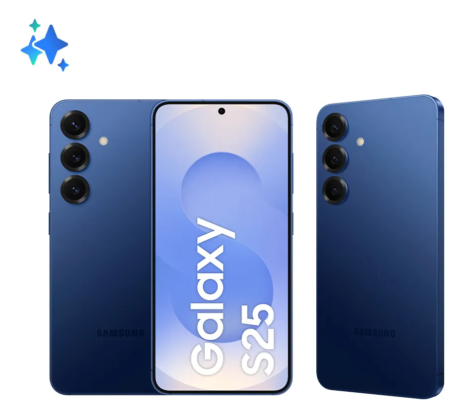 Samsung Galaxy S25 azul-marinho visto de frente e de trás