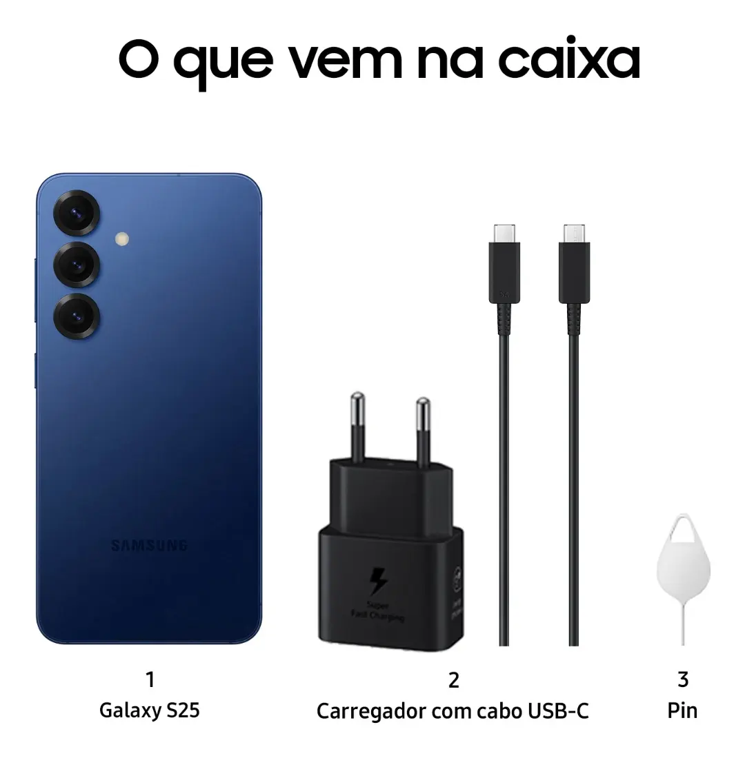 Samsung Galaxy S25 azul-marinho visto de frente e de trás — imagem complementar