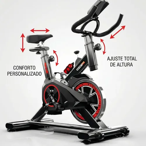 Bicicleta Sevenfit preta e vermelha, com ajustes de selim e guidão indicados pelo anúncio.