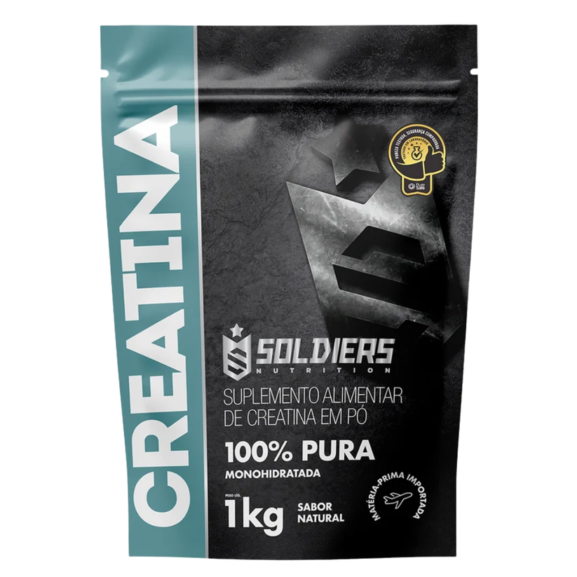 Embalagem preta com faixa azul de creatina monohidratada Soldiers Nutrition, sabor natural, 1 kg