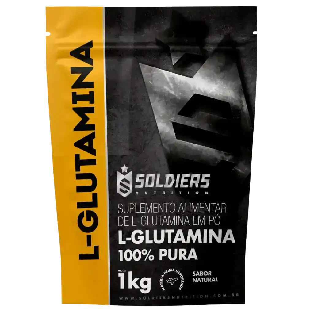 Embalagem preta e amarela de L-glutamina Soldiers Nutrition, sabor natural, 1 kg