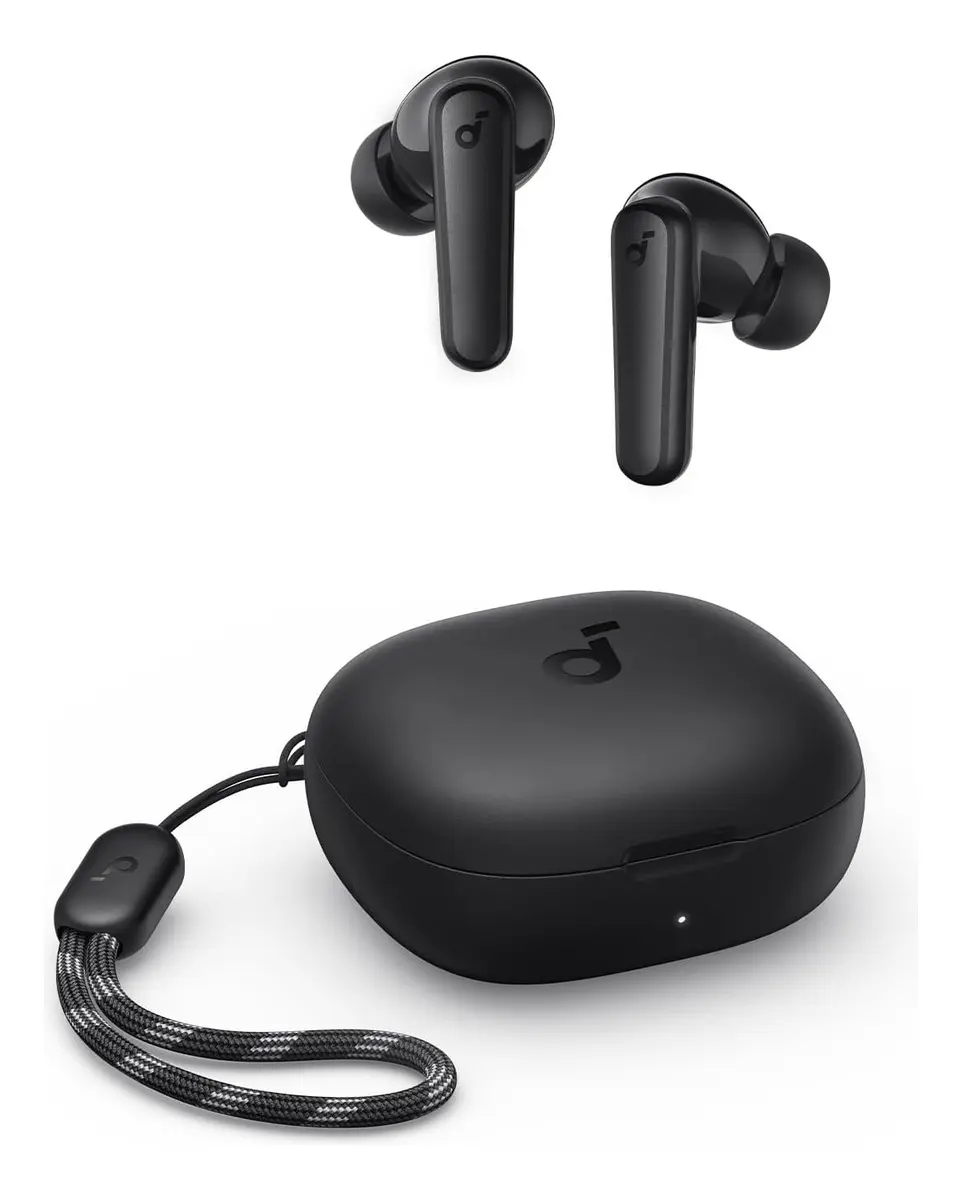 Fones Soundcore P20i pretos e estojo de carregamento com alça