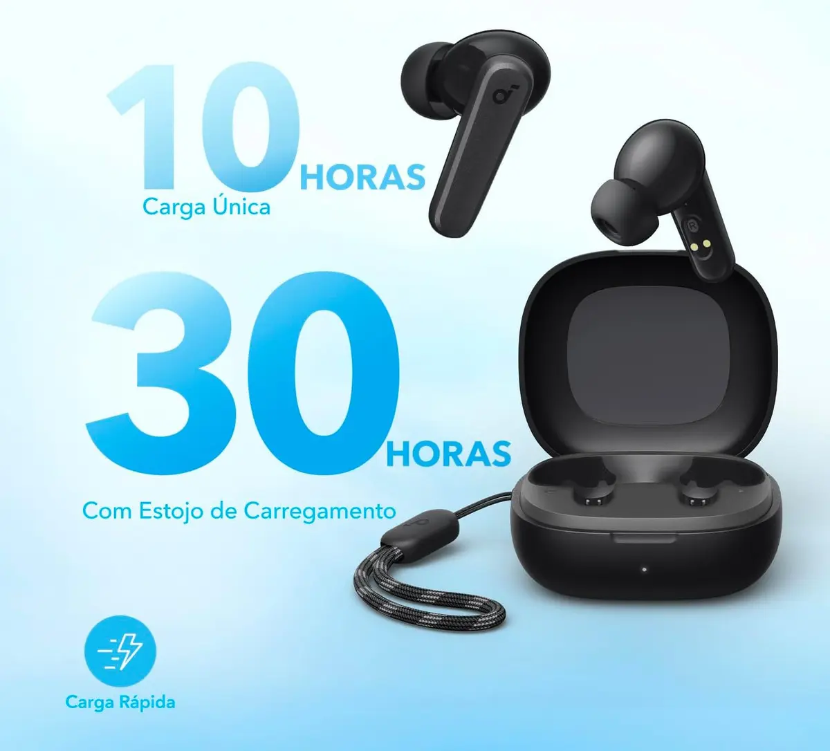Fones Soundcore P20i pretos e estojo de carregamento com alça — imagem complementar