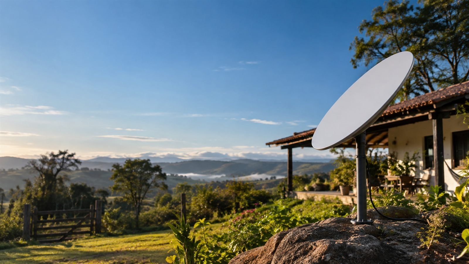 Antena de internet via satélite instalada ao lado de uma casa em área rural