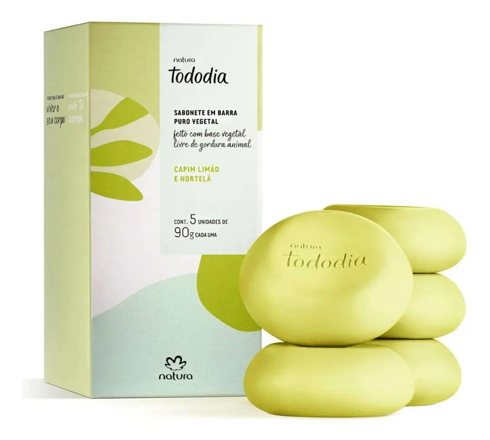 Caixa e sabonetes Natura Tododia Capim-Limão e Hortelã, cinco unidades de 90 g