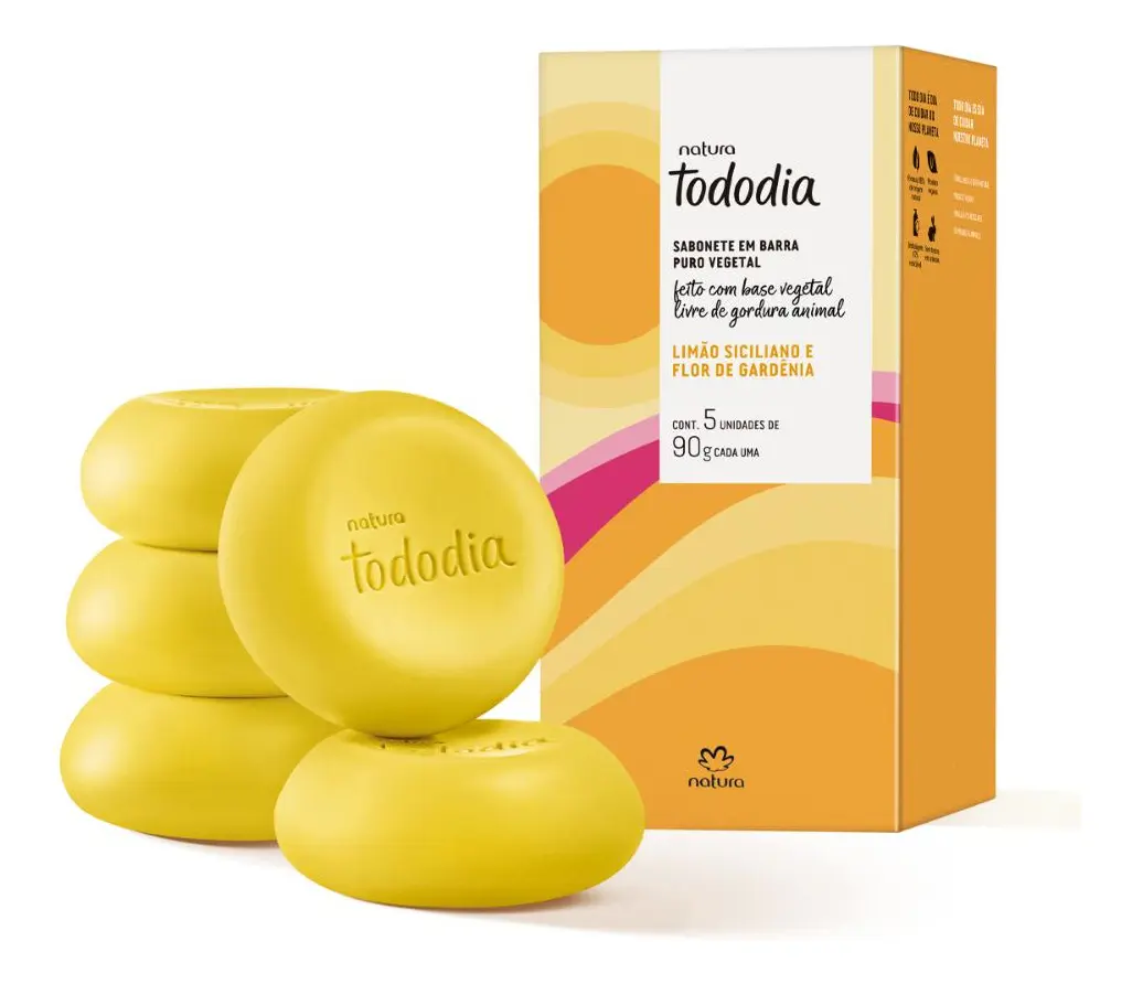 Cinco sabonetes Natura Tododia Limão Siciliano e Flor de Gardênia de 90 g