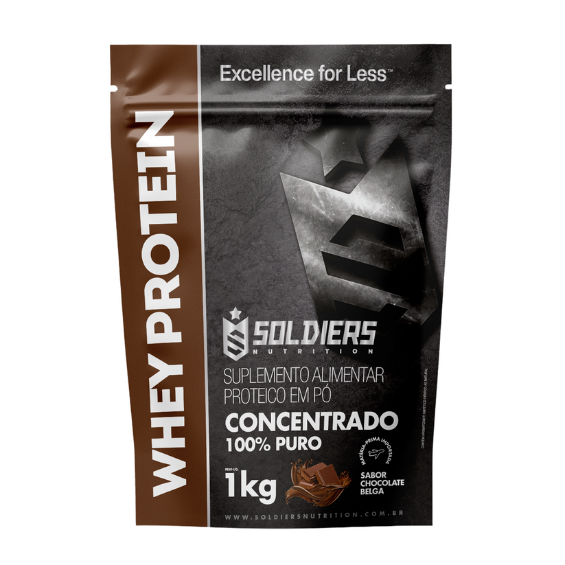 Embalagem preta e marrom de Whey Protein Concentrado Soldiers Nutrition, Chocolate Belga, 1 kg
