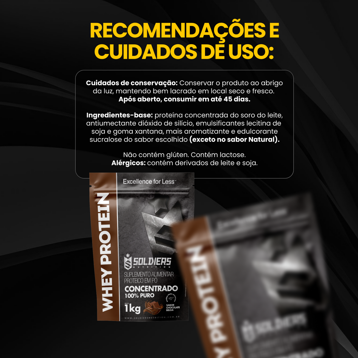 Embalagem preta e marrom de Whey Protein Concentrado Soldiers Nutrition, Chocolate Belga, 1 kg — imagem complementar