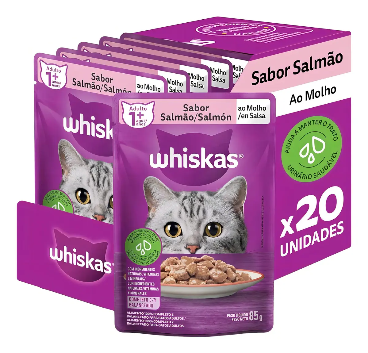 Caixa Whiskas Salmão ao Molho com 20 sachês de 85 g para gatos adultos
